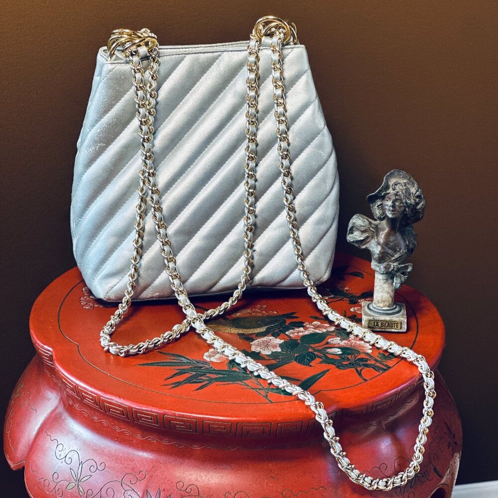 Vintage Giani Bernini Quilted Metallic Silver Bucket Bag with Gold Hardware